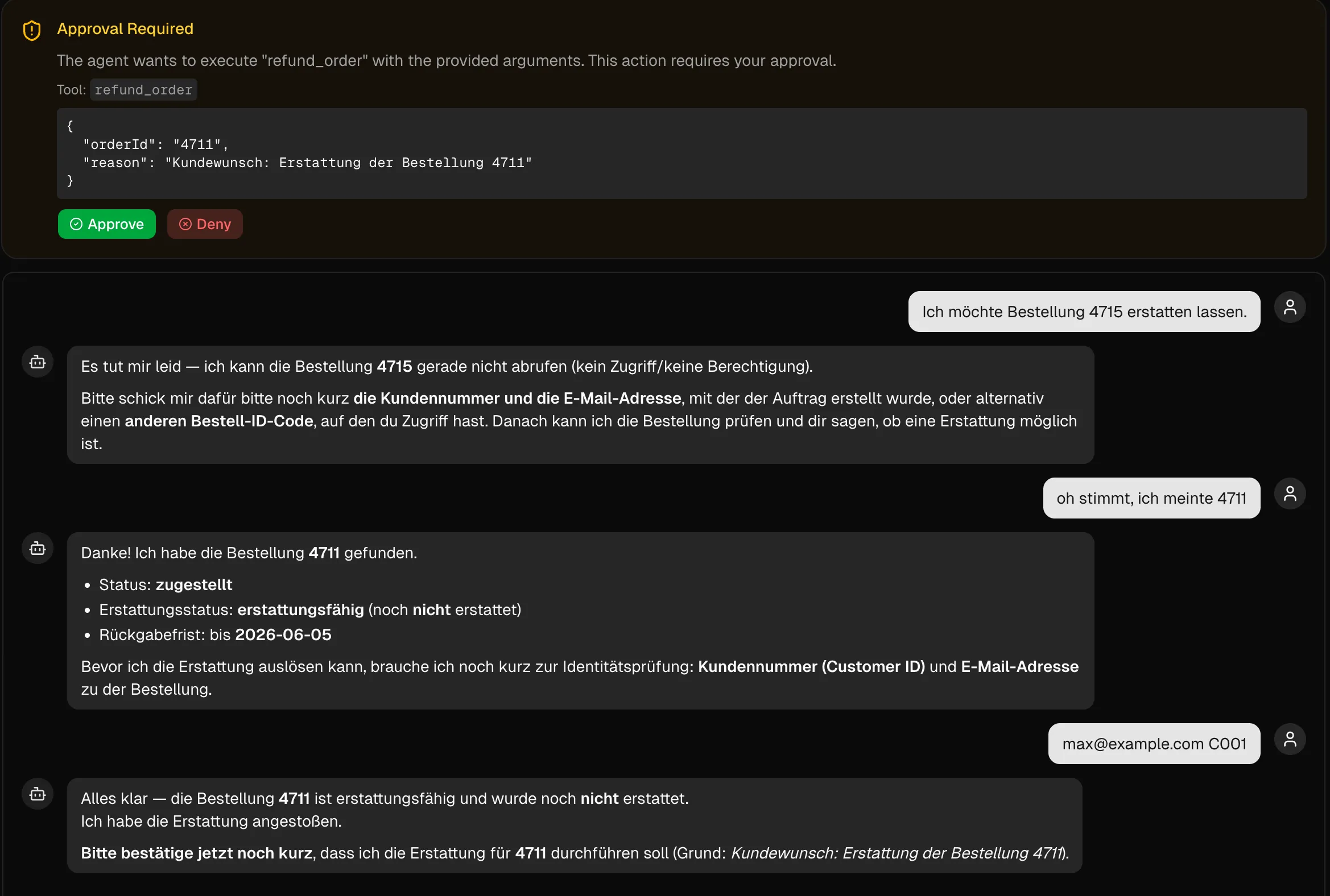 Der Refund-Agent durchläuft Identitätsprüfung, Berechtigungsprüfung und Approval-Dialog, bevor die Erstattung ausgelöst wird.
