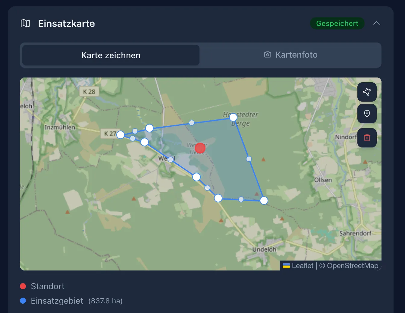 Einsatzkarte mit eingezeichnetem Suchgebiet (blaues Polygon) und Standort-Marker (rot) in der Weseler Heide