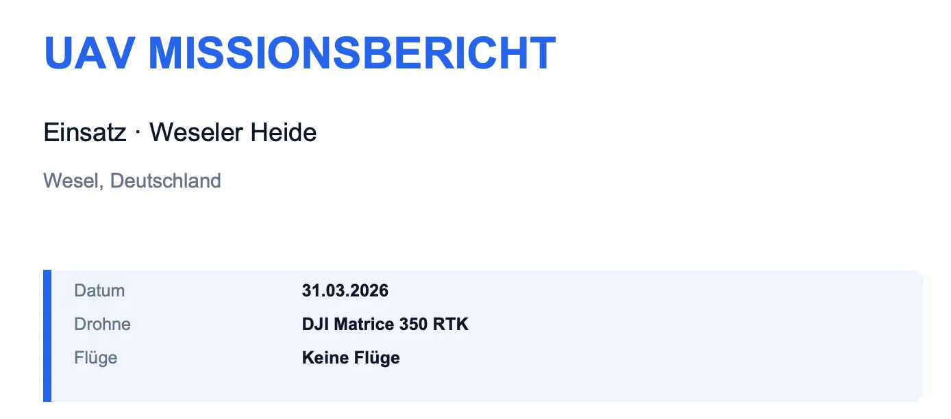 Erste Seite des generierten UAV Missionsberichts mit Einsatzname, Standort, Datum und Drohnentyp