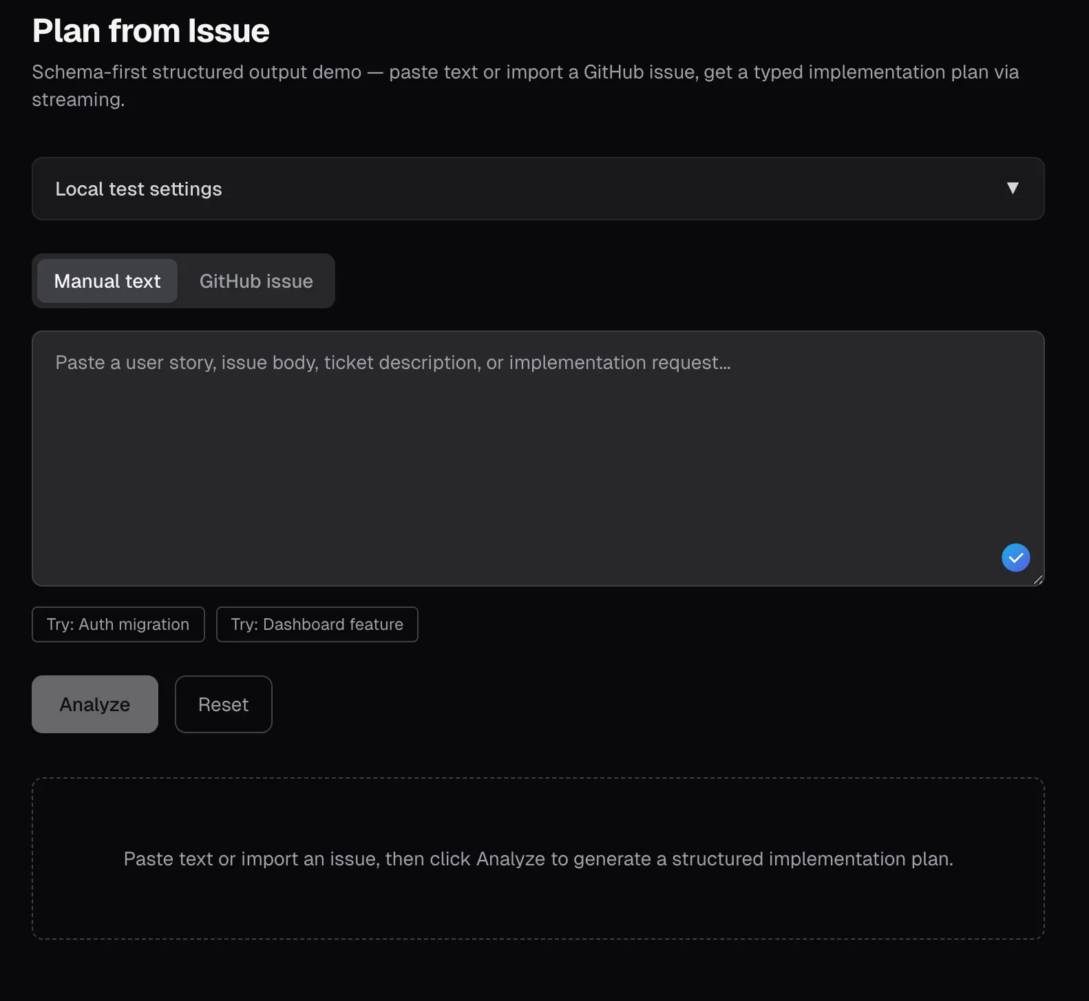 Website (im Dark Mode) zum strukturierten Darstellen eines GitHub Issues