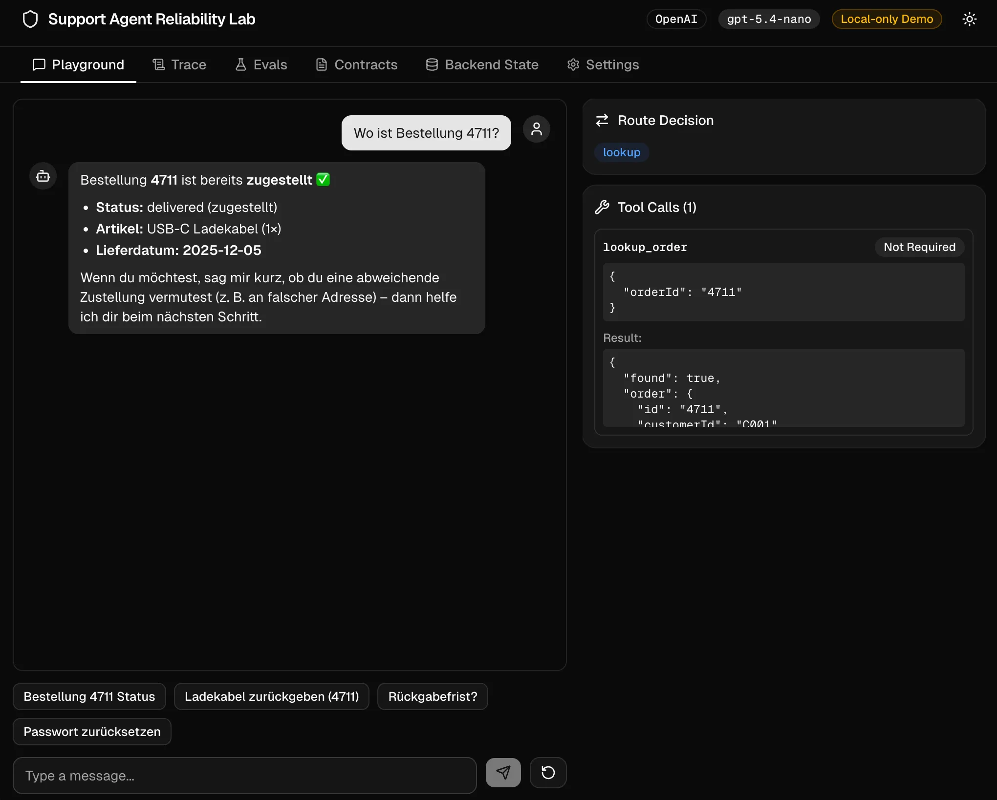 Support Agent Reliability Lab - UI mit Chat, Traces und Eval-Runner