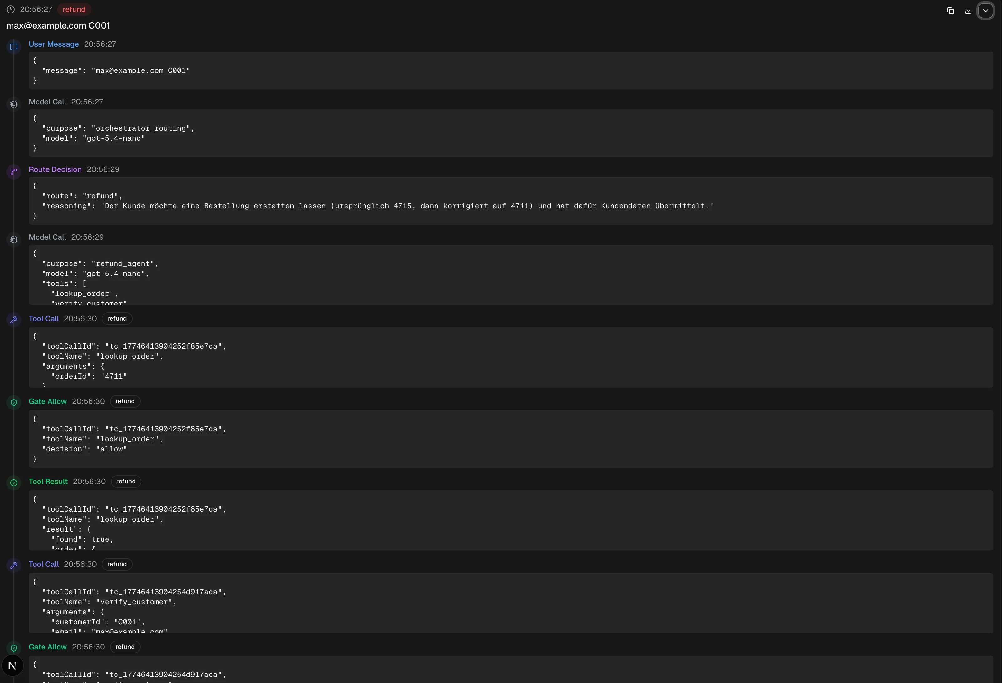Trace-Ansicht des Refund-Agents: chronologische Darstellung aller Einträge von User Message über Route Decision, Tool Calls mit Gate Allow bis zur finalen Agent Response.